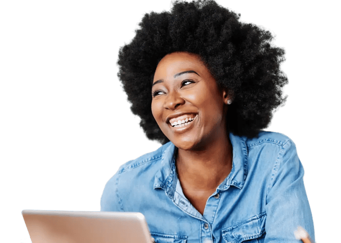 happy woman using tablet
