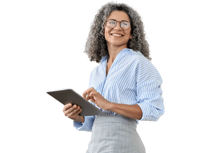 happy business woman using tablet