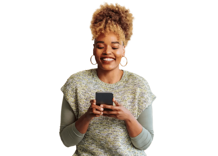 happy woman receiving a digital reward on her phone