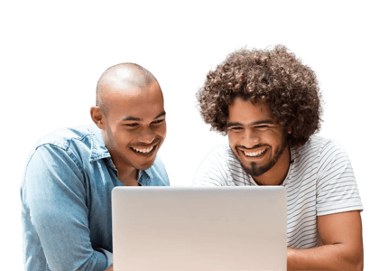 two happy men sharing a laptop